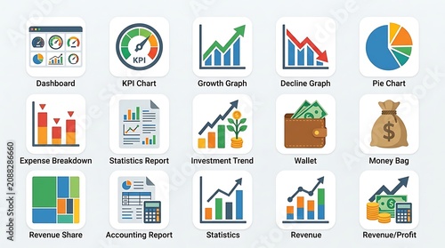 Icons represent various financial metrics including growth charts, accounting reports, and money bags.