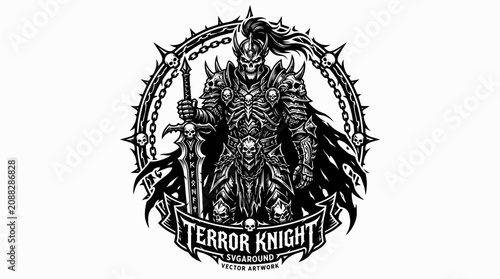 Tablou pe pânză Dark Warrior Skeleton Knight with Sword, Skulls, and Spikes Emblem