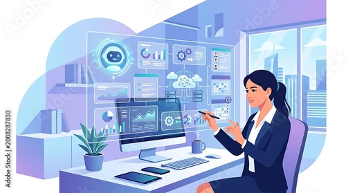 Businesswoman interacts with a digital data visualization interface to analyze complex corporate analytics and automated cloud computing systems.