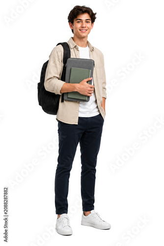 Young man standing with books and a backpack, isolated on transparent background