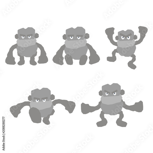 Canvas Print playful character design sheet featuring a collection of five cute, flat gray cartoon gorilla or monkey monsters showcasing a variety of active poses and expressive faces on a plain white surface