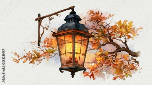 Spooky lantern vintage light oak foliage seasonal decoration cozy atmosphere flat design side view haunted cottage theme water color colored pastel.