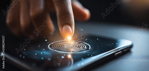 Finger activates futuristic fingerprint scanner on sleek smartphone screen with glowing digital interface