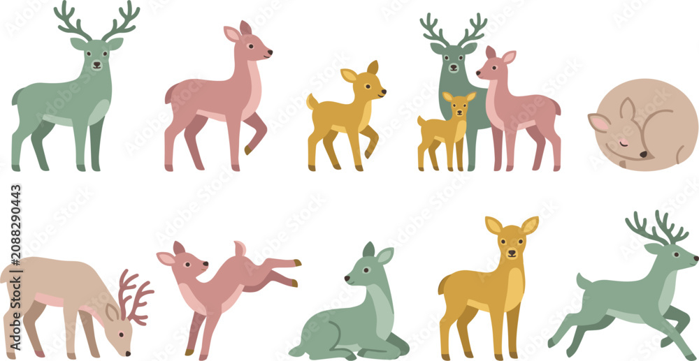 Obraz premium Cute Deer Family Vector Illustration Collection Featuring Stag Doe and Fawn Icons in Various Poses for Woodland Forest Wildlife and Baby Nursery Designs