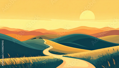 A winding road curves through rolling hills under a warm, hazy sunset. The landscape is painted in shades of gold, orange, and deep green, creating a serene and picturesque scene