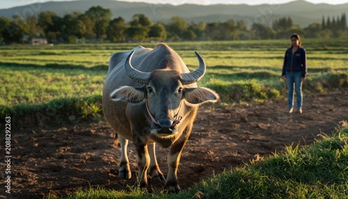Water buffalo in rural field at golden hour with farmer in the background