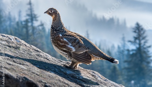 Ruffed Grouse Standing on Rock in Misty Forest Landscape