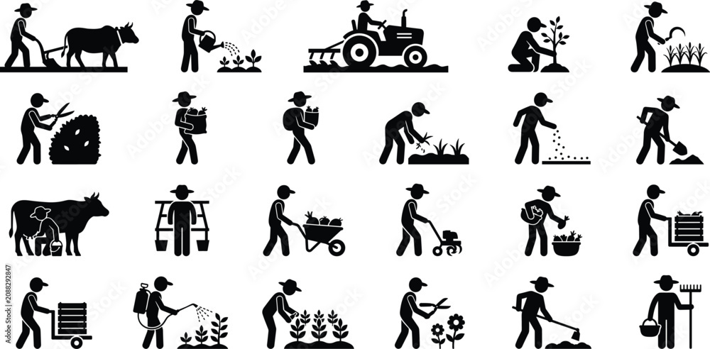 Obraz premium Farmer silhouettes working in field, agriculture farming icons, tractor plowing harvest activities, backyard garden work collection for image