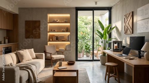 3d japandi design studio apartment interior, creative workspace niche, geometric wall art, space-saving furniture, clean neutral colors, compact design
