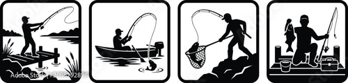 Fishing silhouette icons, fisherman casting from dock, catching fish from boat, using landing net, proud angler showing big catch