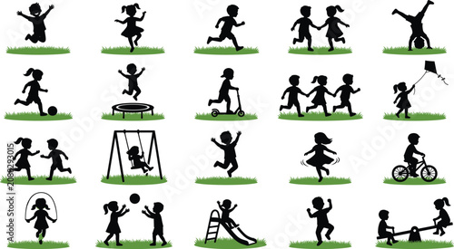 Happy children silhouettes playing outdoor, playground elements collection, kids summer games icon designs for image