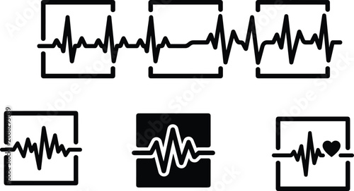 Heartbeat line icons, medical ECG EKG cardiogram pulse monitoring symbols, audio wave rhythm signs, health care isolated graphic illustration