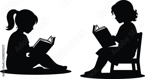 Little girls reading books, young girl sitting on floor, smart kid studying on chair, childhood education, isolated black silhouette illustration