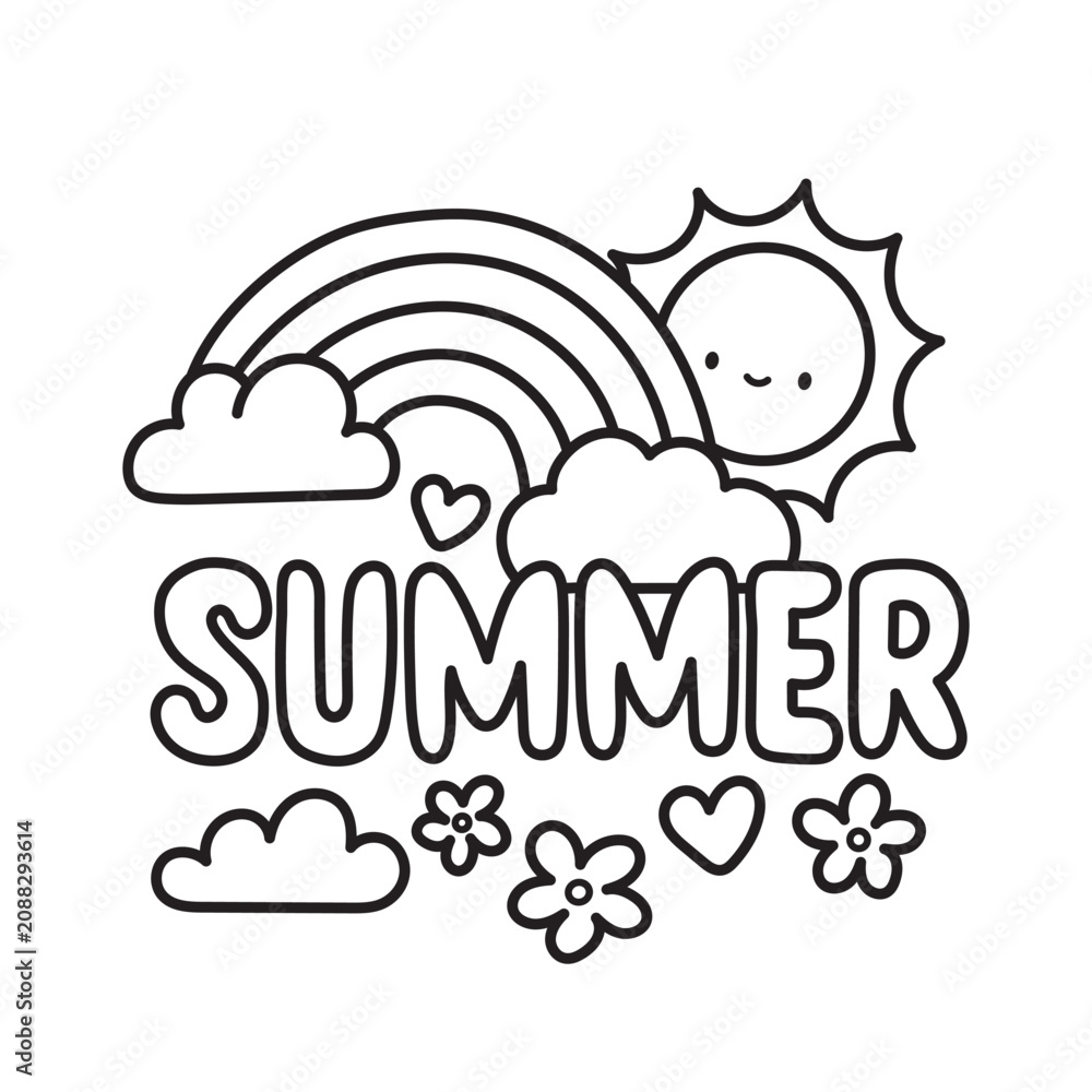 Naklejka premium Summer coloring page featuring a smiling sun, rainbow, fluffy clouds, flowers, hearts, and bold lettering. Perfect for seasonal coloring books, printable activities, classroom fun, and relaxing creati