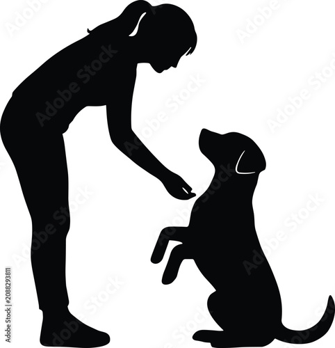 Woman training dog silhouette, girl playing with puppy, canine obedience trick, pet owner lifestyle, domestic animal friendship illustration