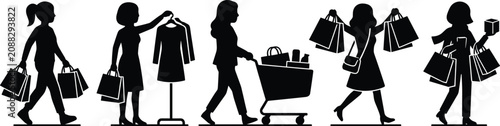 Women silhouettes shopping, holding bags, pushing cart, choosing clothes, black female figures in retail store, isolated graphic illustration