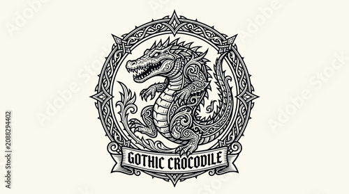 Tableau sur toile Gothic Crocodile Emblem - Intricate Reptile Design with Ornate Frame