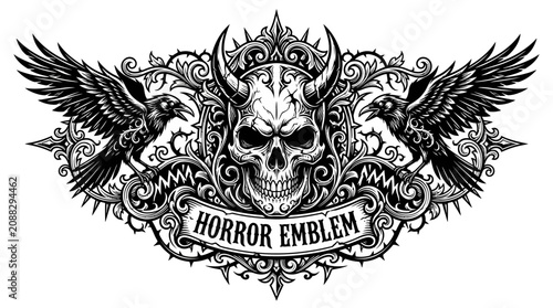 Billede på lærred Gothic Skull Emblem with Ravens and Ornate Filigree