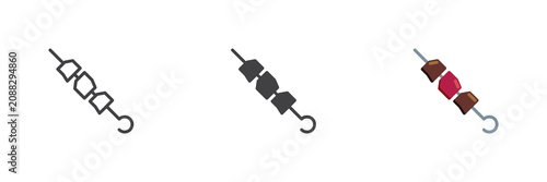 Shish kebab skewer icon in line, solid, flat color colorful vector sign. Shish kebab skewer icon set symbol for BBQ, meat cubes and grill.