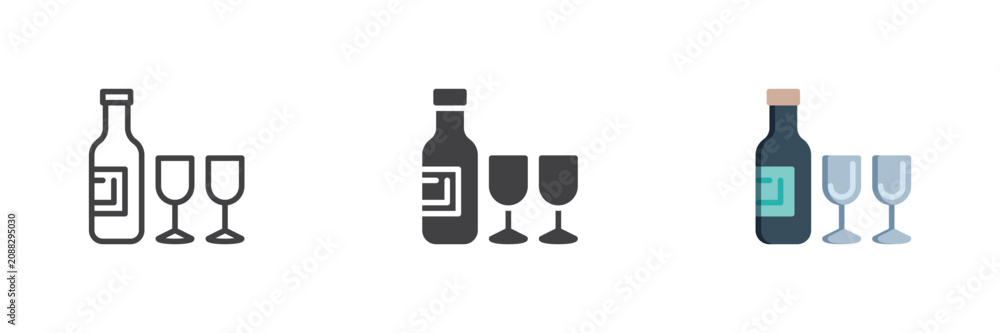 Obraz premium Wine bottle and glasses icon in line, solid, flat color colorful vector sign. Wine bottle and glasses icon set symbol for bar, drinks and party.