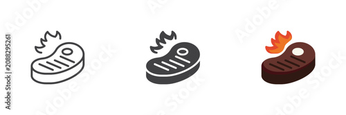 Grilled beef steak icon in line, solid, flat color colorful vector sign. Grilled beef steak icon set symbol for flame BBQ, cookout and meat.