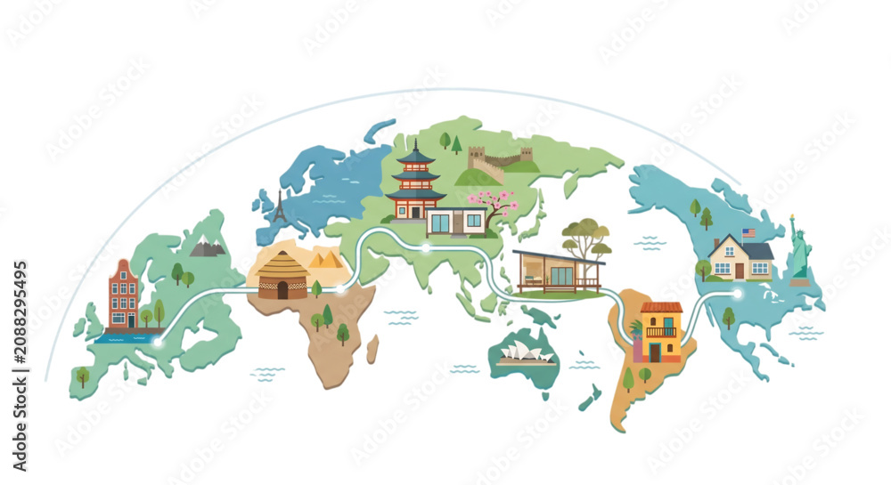 Naklejka premium World map infographic showing diverse international residential housing styles and global travel connections between continents
