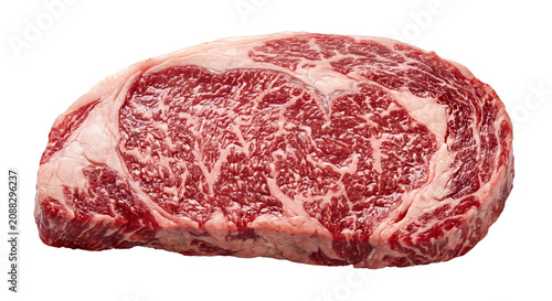 Fotografie Prime marbled ribeye steak, rich red meat with intricate fat marbling for gourme