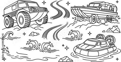 Obraz na plátně Hand drawn amphibious vehicles vector set with hovercraft swamp boat monster tru