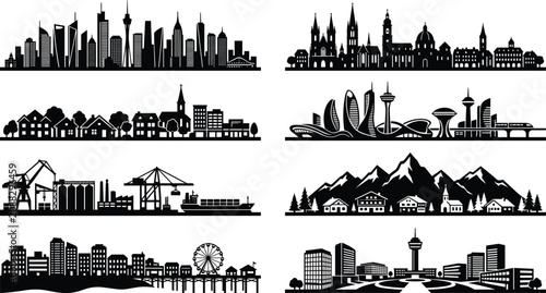 Bild auf Leinwand City skyline and urban landscape silhouette banner set featuring modern metropol