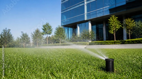 Automatic sprinkler watering on green lawn with modern office building in background