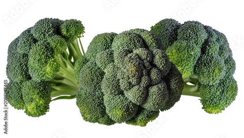Fotografie Fresh green broccoli florets arranged in a row, isolated on transparent backgrou