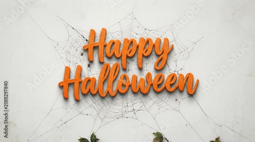 Halloween greeting on cracked wall with orange letters