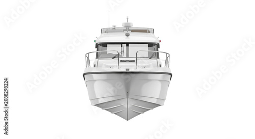 Modern white motor yacht with a sleek design, front view on a clean background