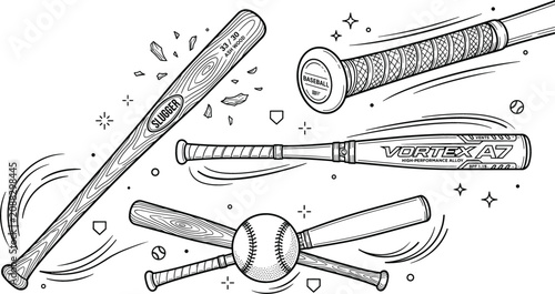 Photos Baseball bat and ball doodle element set featuring wooden slugger aluminum alloy