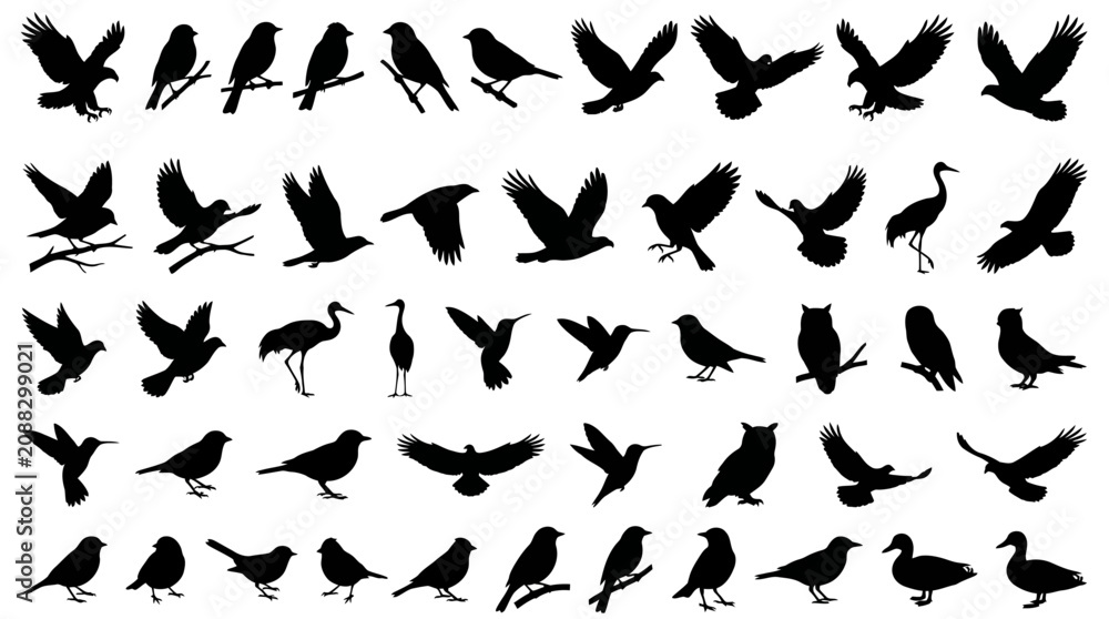 Fototapeta premium Fifty black bird silhouettes in varied flight and perch poses, showcasing species diversity, wing motion, and elegant avian form balance.