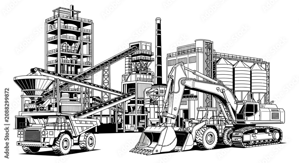 Obraz premium Industrial Cement Plant with Heavy Machinery Line Art
