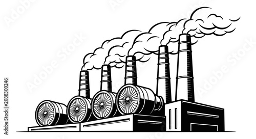 Canvastavla Industrial Factory Plant with Smokestacks and Turbines Vector Illustration