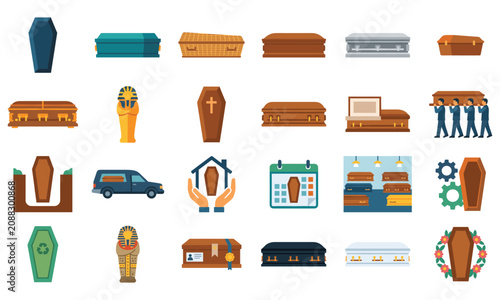 Tablou pe pânză Funeral coffin and casket icons set for mortuary and burial service industry