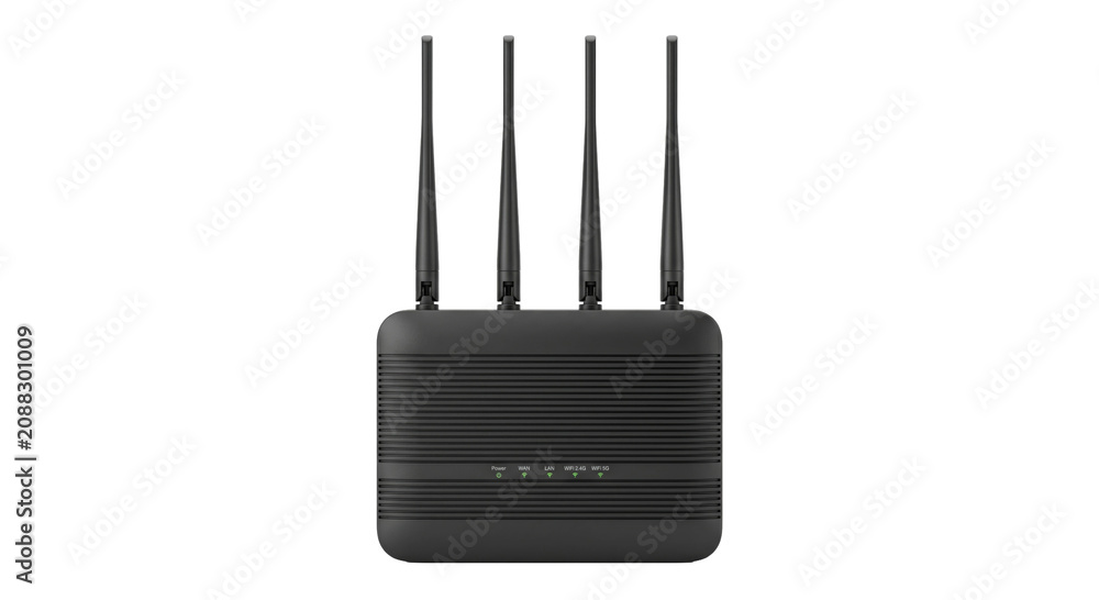 Fototapeta premium Modern black wireless router with four antennas and status indicator lights