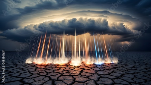 Severe storm with abstract glowing light rays striking dry cracked earth ground concept
