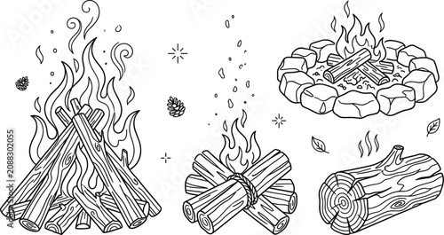 Photos Campfire and bonfire vector doodle element set featuring burning logs fire pits