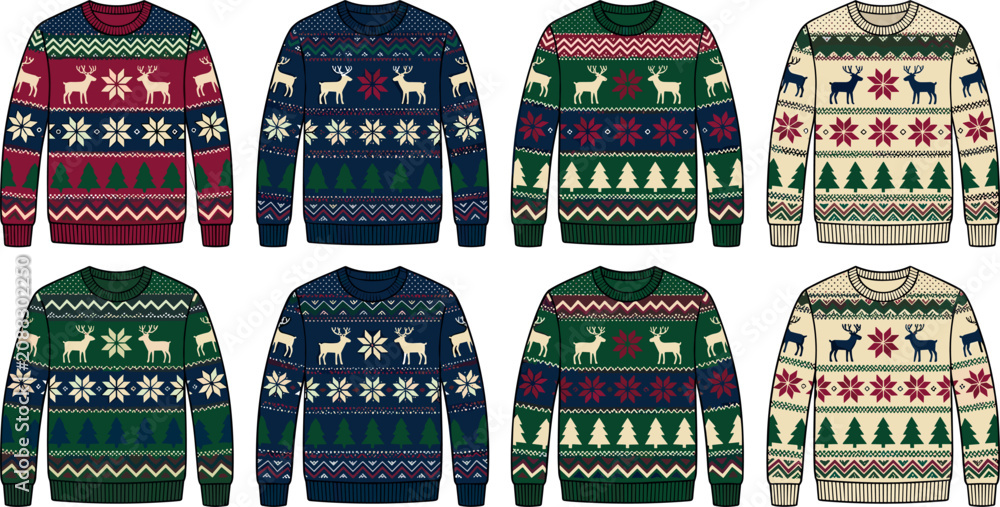 Fototapeta premium Knitted Ugly Christmas Sweater Pattern Vector Set with Fair Isle Reindeer, Snowflake, and Pine Tree Knitted Geometric Festive Holiday Ornament Designs