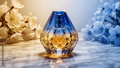 Crystal perfume bottle with warm glowing liquid surrounded by delicate white and blue