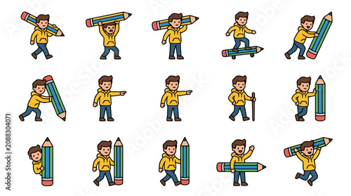 Foto Elegant Set of Cartoons Showing a Boy Carrying and Interacting with Colorful Gia