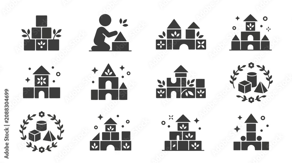 Fototapeta premium Industrial Style Black and White Play Blocks and Castle Building Set Illustrations with Child and Decorative Elements