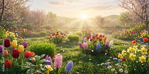 Idyllic spring meadow filled with colorful tulips and hyacinths under a gentle sunrise, showcasing a peaceful garden path and blooming trees in a soft, hazy morning light with vibrant floral
