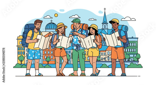 Diverse group of cheerful construction workers with tools.