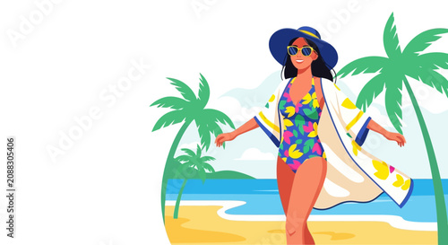 Young woman dancing with tropical leaves and flowers in summer.