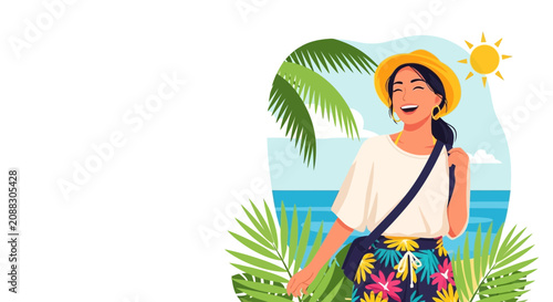 Woman in tropical outfit holding a pineapple against sunny sky.