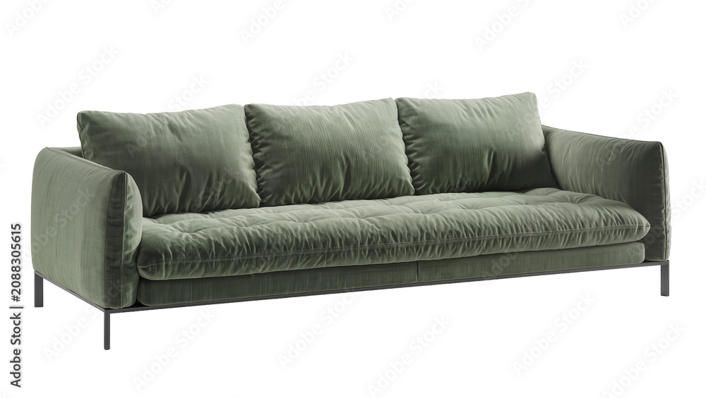 Fototapeta premium Plush green three-seater sofa with tufted seat and square cushions, isolated on transparent background